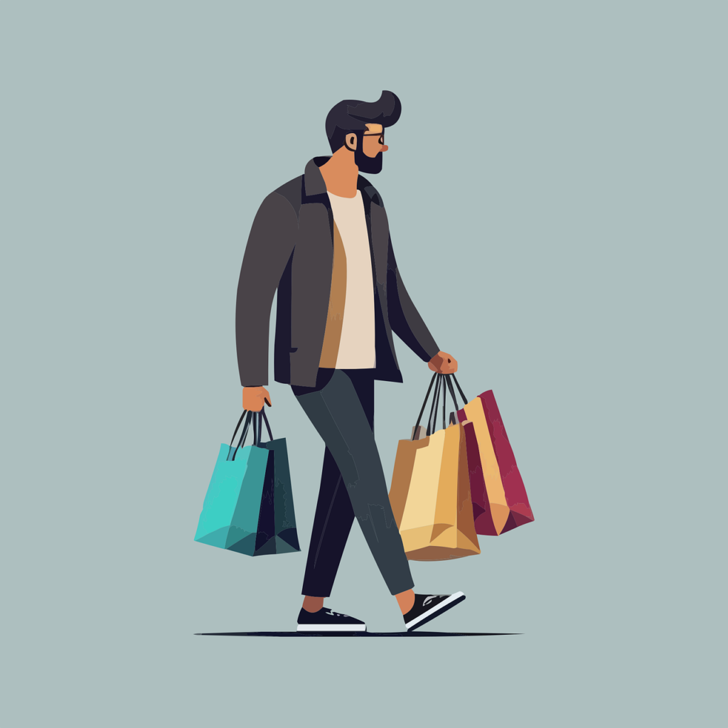"Young man carrying multiple shopping bags after shopping, illustrating overspending habits and the need for smart money saving tips"


