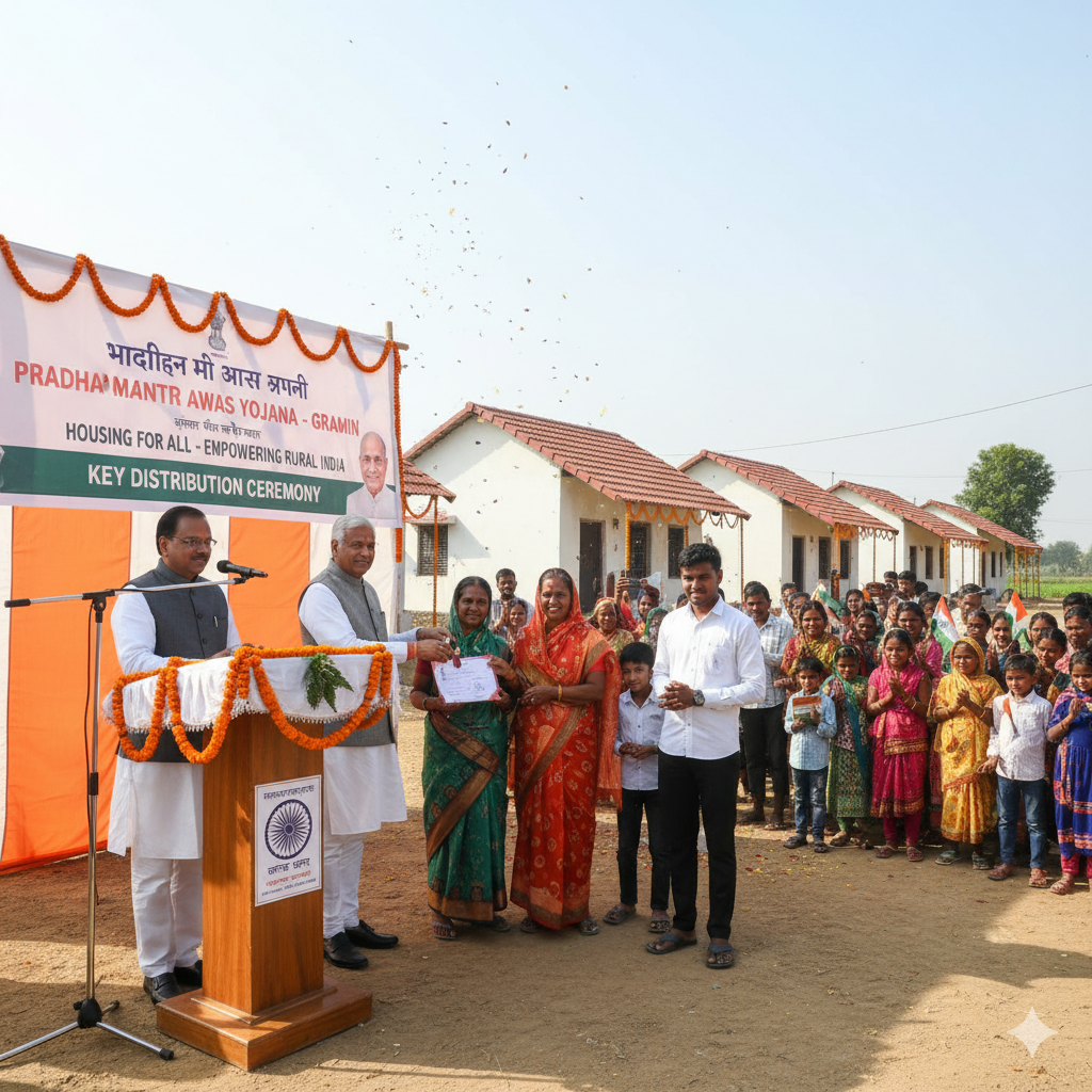 The **alt text** for this image could be: मुख्यमंत्री गृह प्रवेश सम्मान योजना 2025 **"A key distribution ceremony for the Pradhan Mantri Awas Yojana - Gramin (PMAY-G) housing scheme in rural India. A Chief Minister or dignitary, standing at a podium with an official banner, is handing over a certificate and house keys to a happy female beneficiary, who is accompanied by her family. A row of new, white, tile-roofed houses are visible in the background, and a large crowd of excited villagers and beneficiaries stand to the right, celebrating the government program."**