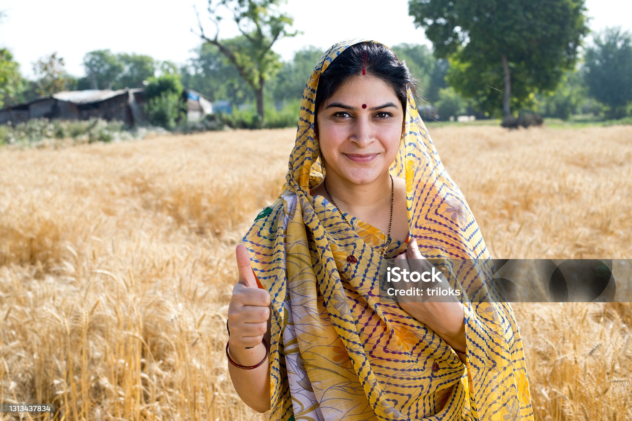"एक भारतीय ग्रामीण महिला पीले और नीले रंग की पारंपरिक साड़ी और ओढ़नी पहने हुए, सुनहरे गेहूँ के खेत के बीच में खड़ी है। वह मुस्कुरा रही है और कैमरे की ओर देखकर अंगूठा दिखा रही है (thumbs up gesture)। उसके माथे पर बिंदी और माँग में सिंदूर लगा है। पृष्ठभूमि में कुछ पेड़ और एक ग्रामीण घर दिखाई दे रहा है।" महिला रोजगार योजना