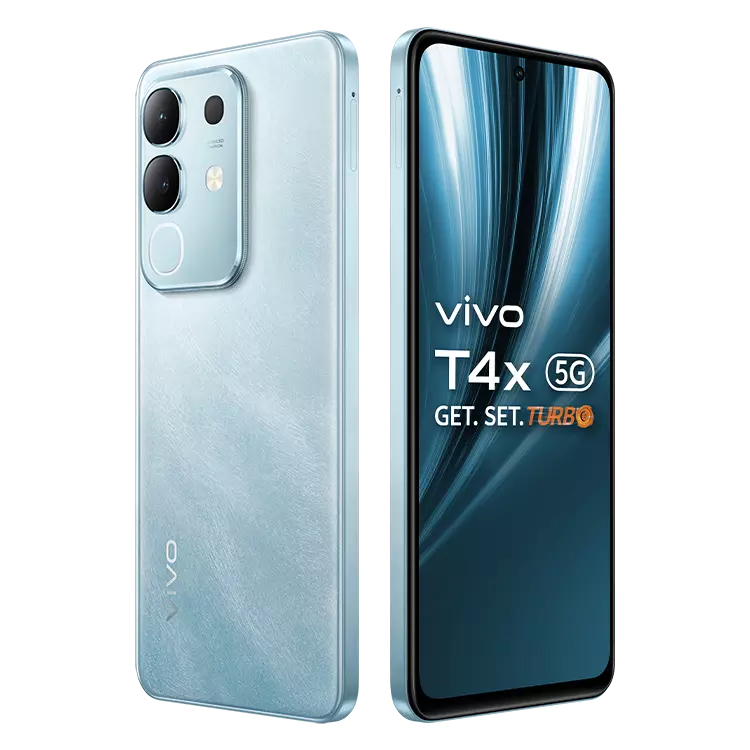 Vivo T4x 5G smartphone front and back view with blue finish and turbo branding on display
